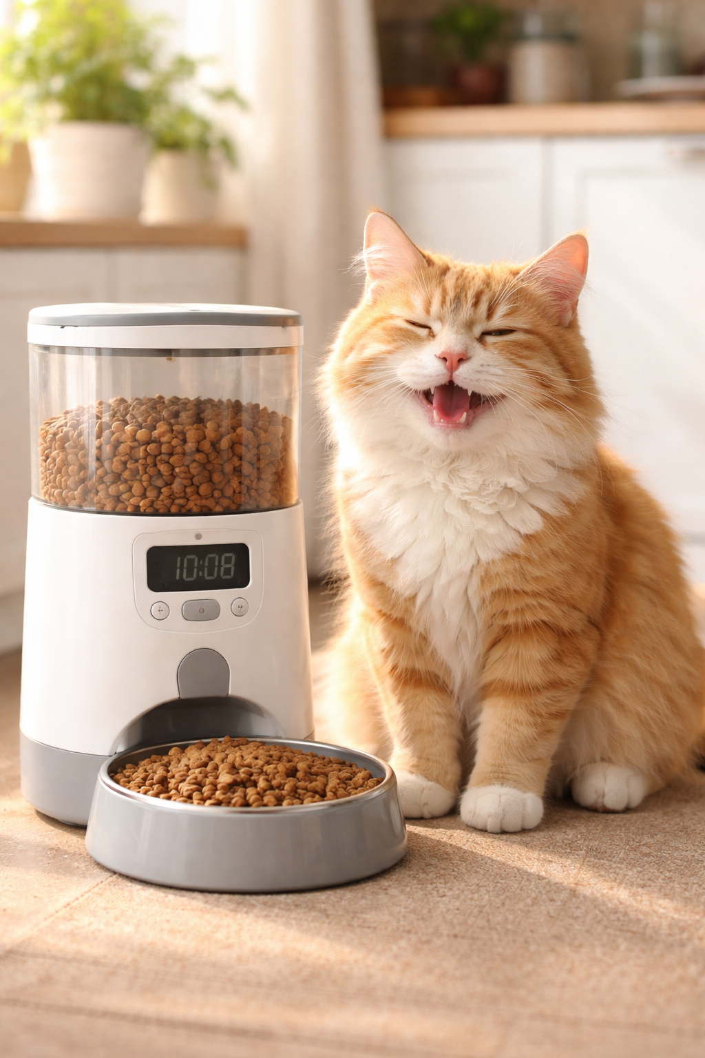 Happy Ginger Cat with Smart Pet Feeder